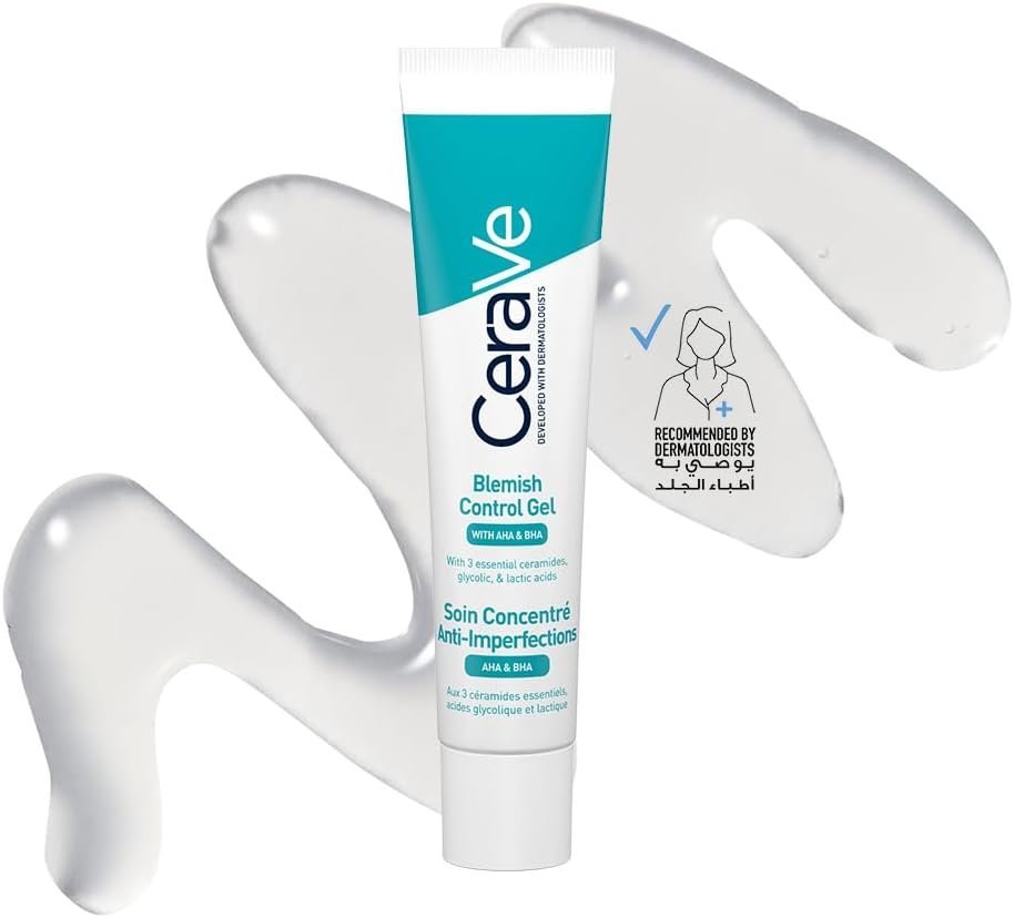 CeraVe Blemish Control Gel Facial Moisturiser For Acne & Blemishes with Glycolic Acid and Lactic Acid AHA/BHA 40 ml