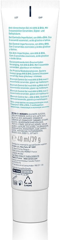 CeraVe Blemish Control Gel Facial Moisturiser For Acne & Blemishes with Glycolic Acid and Lactic Acid AHA/BHA 40 ml - Image 2