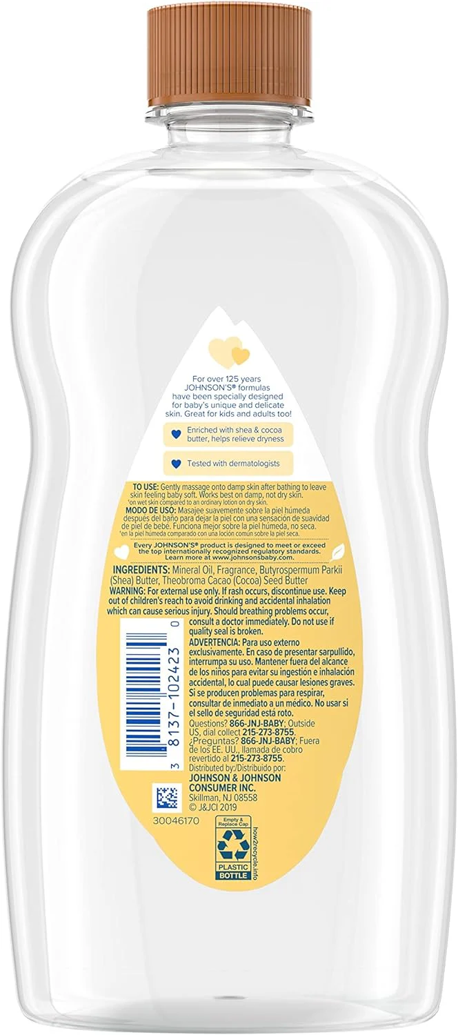 Johnson's Baby Oil, Mineral Oil Enriched with Shea & Cocoa Butter to Prevent Moisture Loss, Hypoallergenic, 20 fl. oz - Image 2