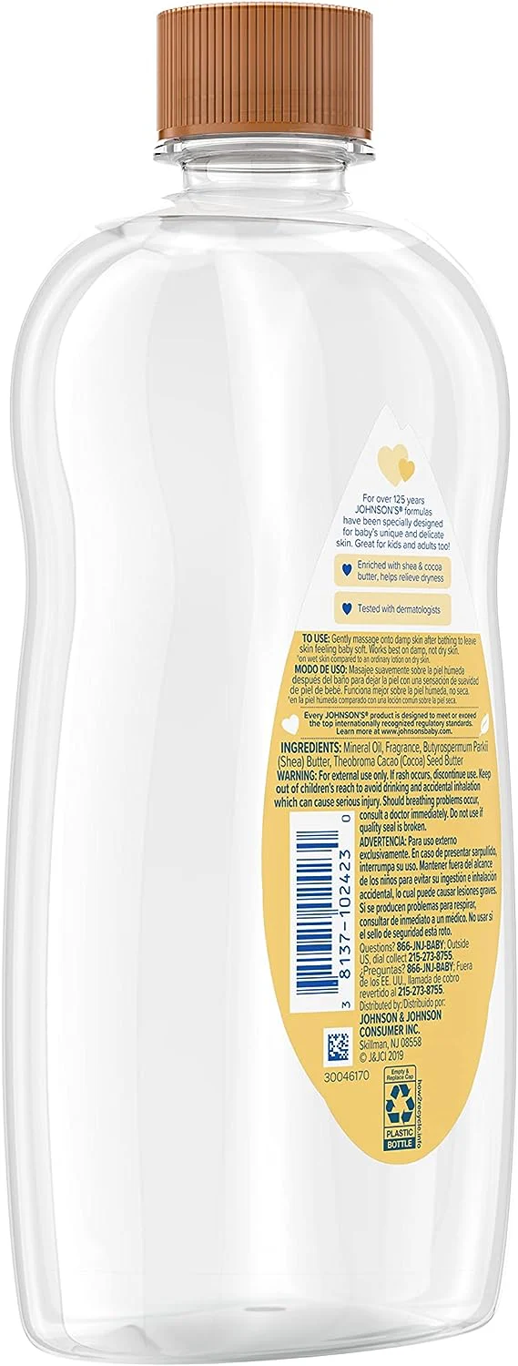Johnson's Baby Oil, Mineral Oil Enriched with Shea & Cocoa Butter to Prevent Moisture Loss, Hypoallergenic, 20 fl. oz - Image 4