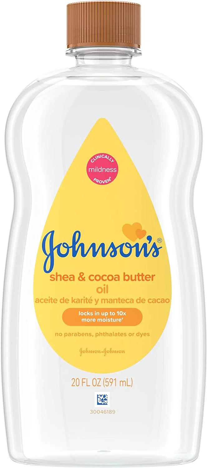 Johnson's Baby Oil, Mineral Oil Enriched with Shea & Cocoa Butter to Prevent Moisture Loss, Hypoallergenic, 20 fl. oz